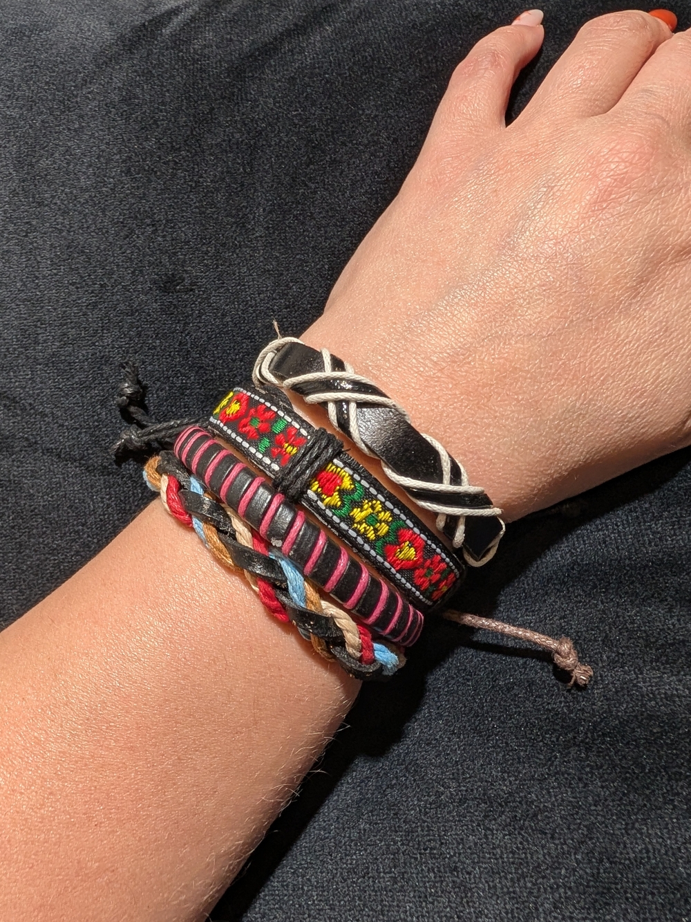 Boho Ethnic Multicolor Wrap Leather Bracelet Adjustable Tie Cord 4 Pcs